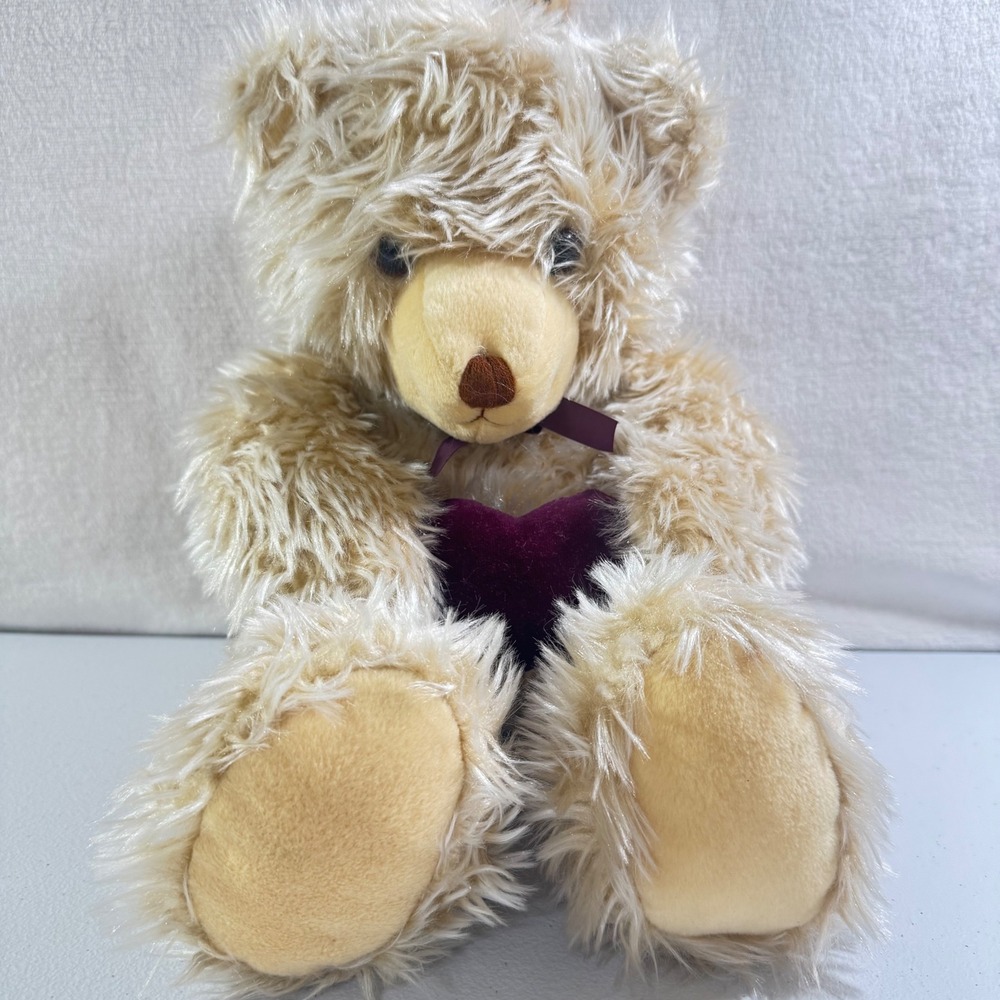 Vintage 1993 Dakin Teddy Bear Plush Shaggy Cream Purple Velvet Heart 15 Inch